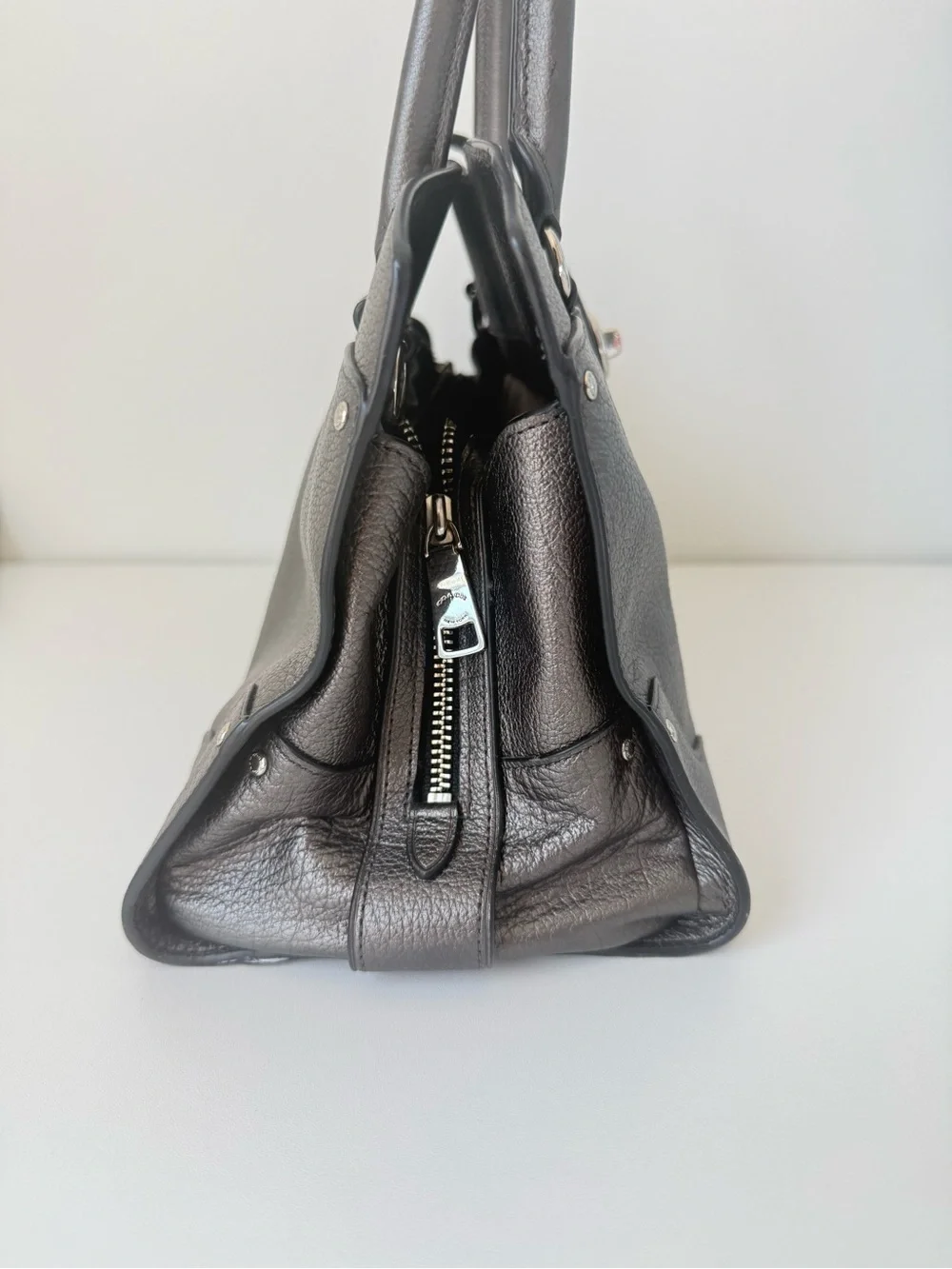 Coach Mercer 30 Satchel in metallic graphite leather with silver-tone hardware